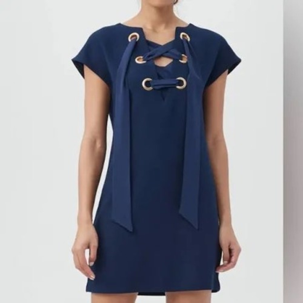 Trina Turk Orlando Dress Navy Blue Lace Up Grommet Silk Tie Shift NEW M